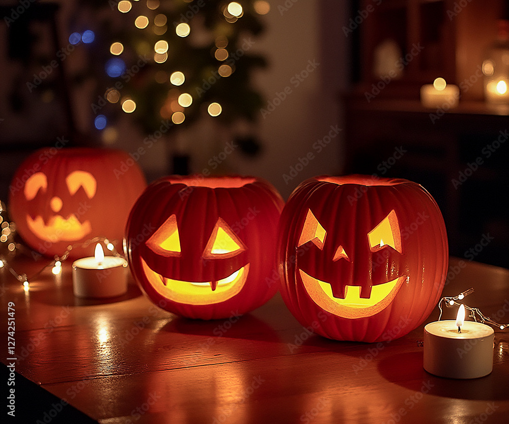 Fototapeta premium halloween - Jack O' Lanterns - Candles And String Lights On Wooden Table. outdoors. moody