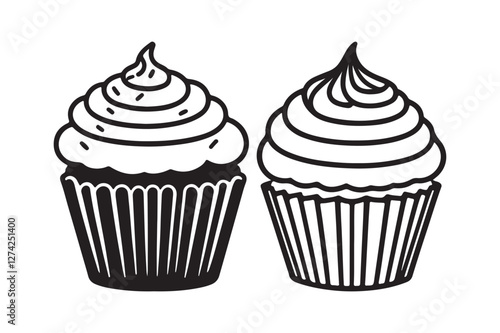 Cupcake Silhouette and Outline Clipart Set