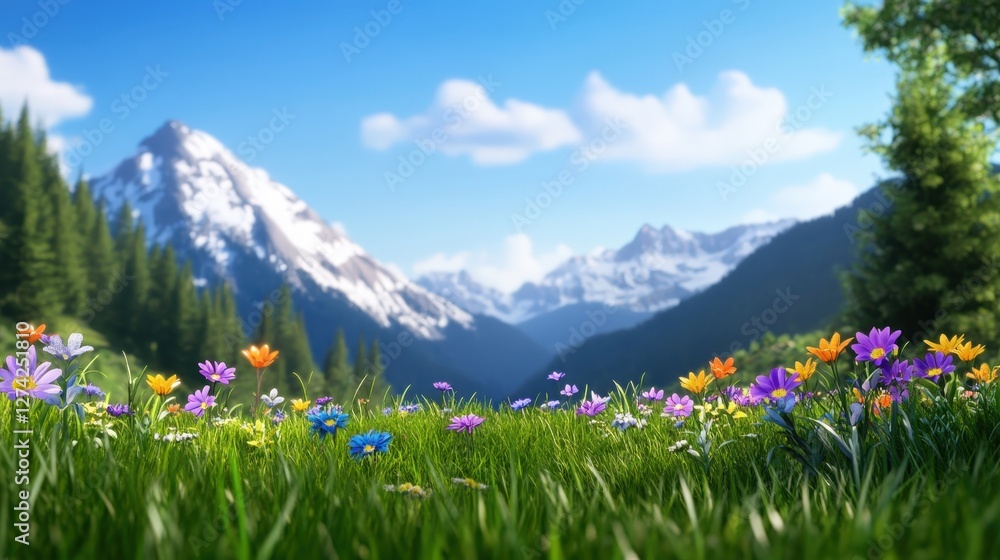 Fototapeta premium A serene landscape showcasing vibrant flowers in a lush meadow, set against stunning snow-capped mountains and a clear blue sky, capturing the essence of nature's beauty.