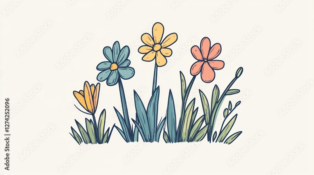 Naklejka premium Colorful flowers in grass, spring garden illustration, nature background, greeting card design