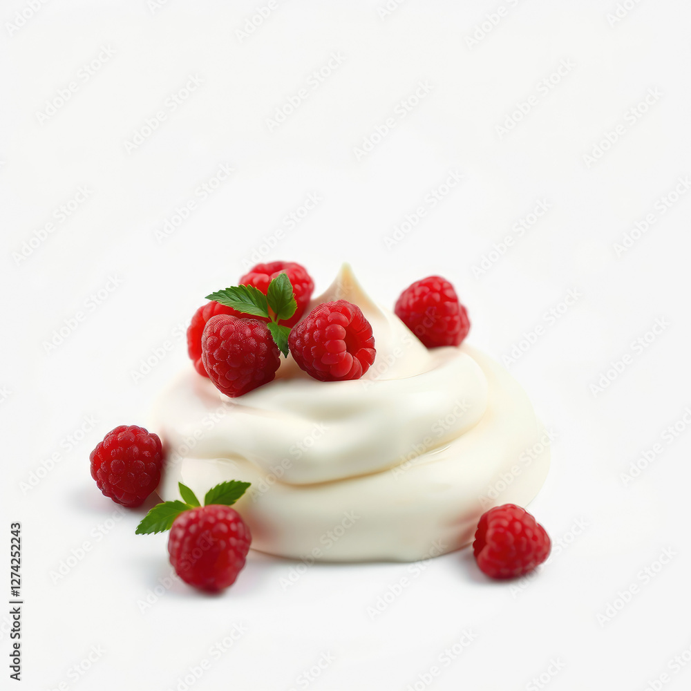 Creamy yogurt topped with fresh raspberries on a white background, summer, snack Creamy yogurt topped with fresh raspberries on a white background, summer, snack