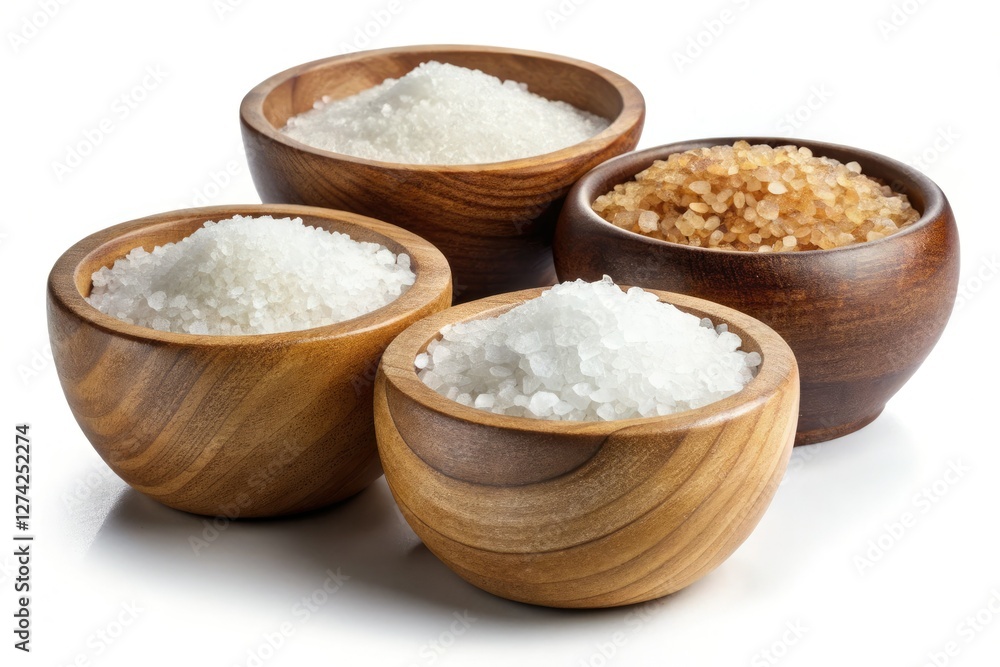 Rustic brown wooden bowl overflows with coarse, white salt crystals, a natural, isolated still life. Rustic brown wooden bowl overflows with coarse, white salt crystals, a natural, isolated still life.