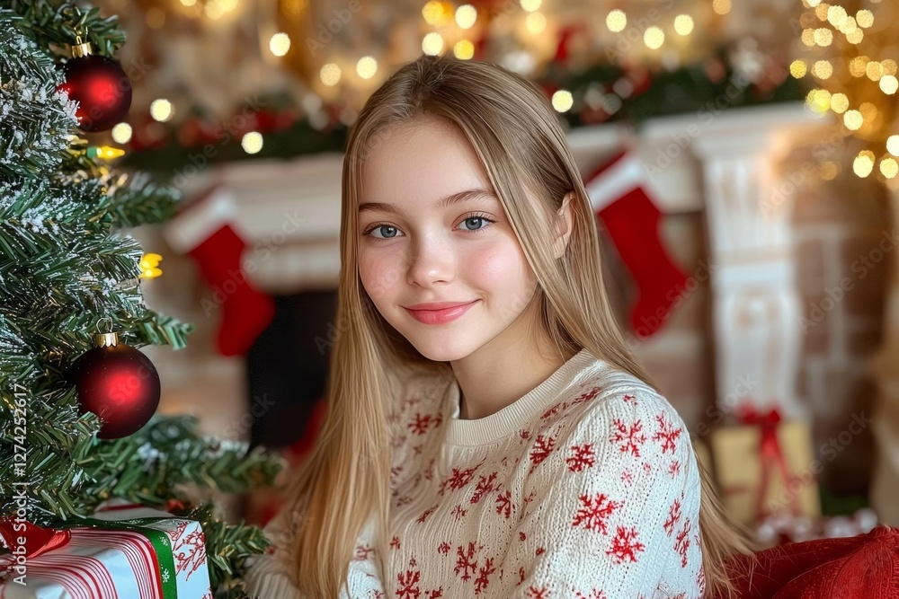 hyper realistic photo of Happy teenager sits near a Christmas tree with gifts hyper realistic photo of Happy teenager sits near a Christmas tree with gifts