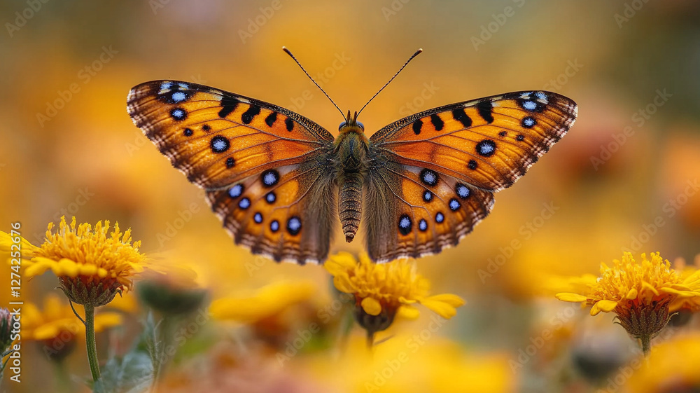 A butterfly in a blooming meadow. A butterfly in a blooming meadow.