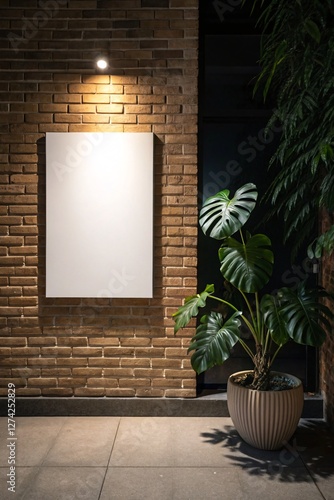 Blank vertical advertise frame mockup on a brick wall with ambient light and monstera lant pot nearby photo