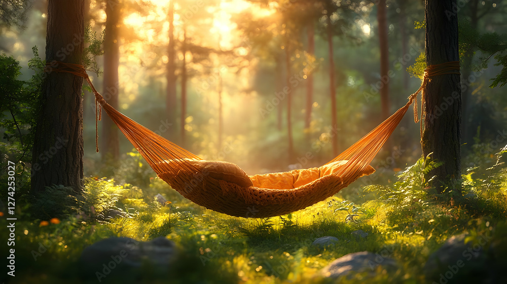 Obraz premium Person Relaxing in Hammock at Sunrise in a Forest