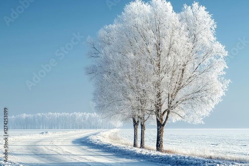 hyper realistic photo of  Winter background. Winter landscape with snow-covered field frosty day. , isolated on white background,  , copy space, copy space for text, photo