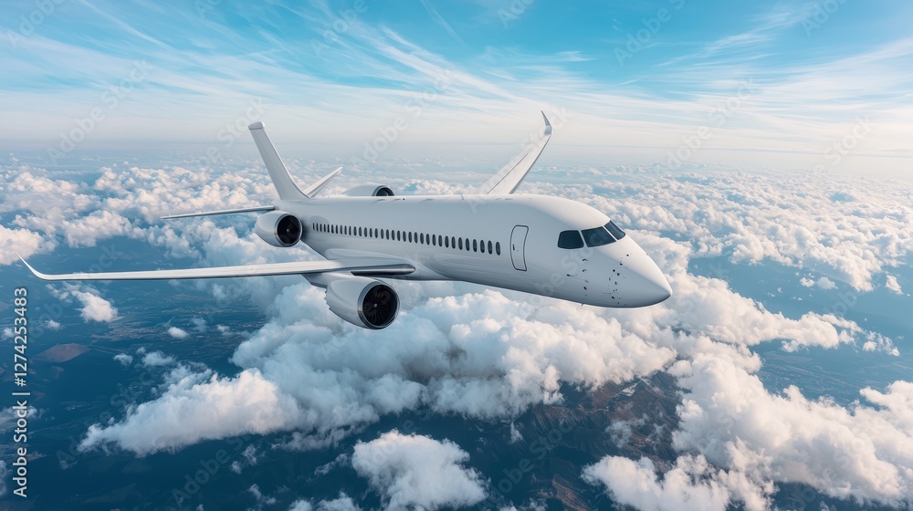 Fototapeta premium A sleek airplane soars above fluffy clouds against a vibrant blue sky, symbolizing travel, adventure, and freedom.