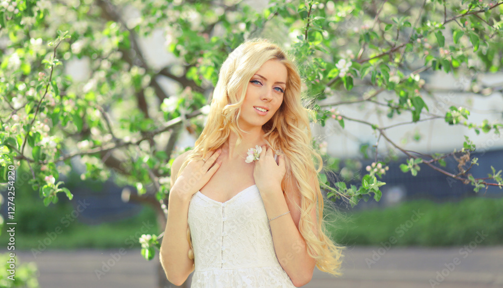 Beautiful blonde young woman in spring blooming garden on a sunny day against flowers trees Beautiful blonde young woman in spring blooming garden on a sunny day against flowers trees