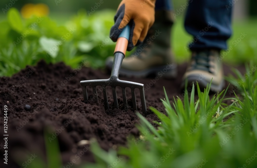 Naklejka premium Gardener using rake on rich soil in lush garden setting