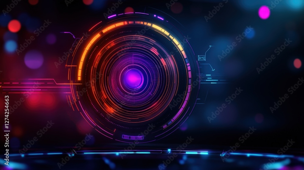 Obraz premium A vibrant abstract digital background featuring colorful circular patterns and effects. Ideal for tech-themed designs, presentations, and futuristic concepts.