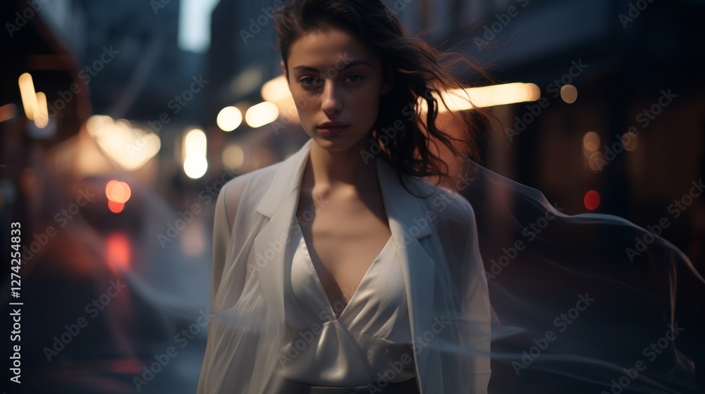 Fototapeta premium Confident young female in white jacket walking on urban street at dusk