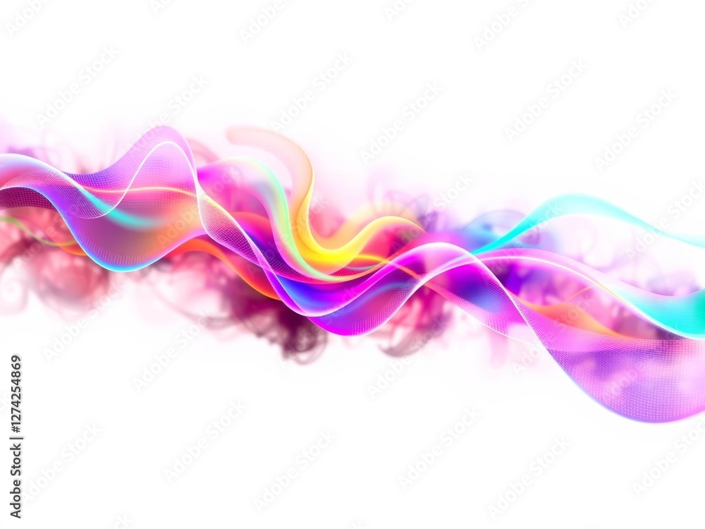 Music abstract illustration with colorful and glowing sound waves and smoke on white background, graphic design resource, copy space available, colorful, illustration Music abstract illustration with colorful and glowing sound waves and smoke on white background, graphic design resource, copy space available, colorful, illustration