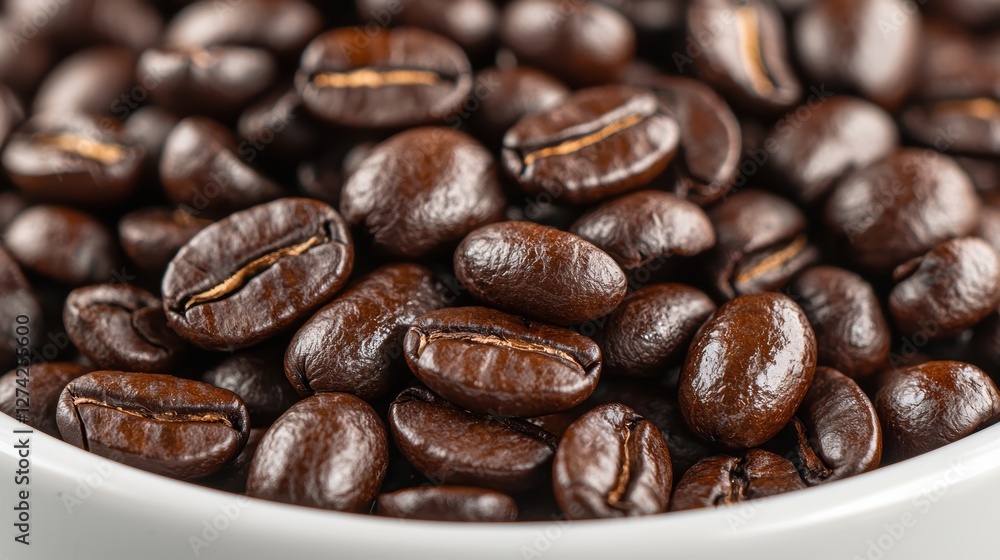 A close-up view of shiny, dark coffee beans in a white bowl, showcasing their rich texture and color. A close-up view of shiny, dark coffee beans in a white bowl, showcasing their rich texture and color.