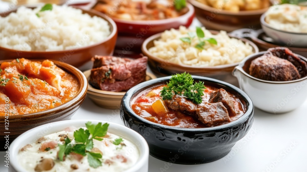 Festive table with national dishes of different countries, white background. Festive table with national dishes of different countries, white background.