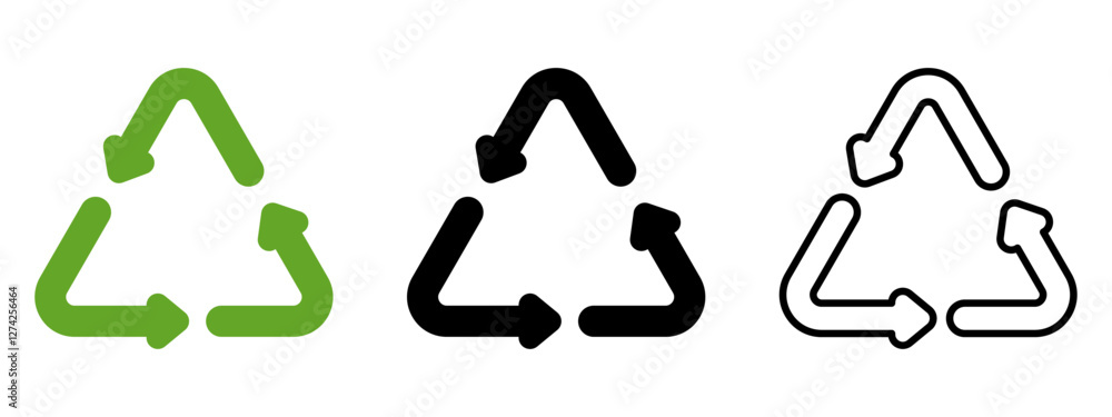 Recycle vector icon set. Arrows, heart and leaf recycle eco green symbol. Rounded angles Recycle vector icon set. Arrows, heart and leaf recycle eco green symbol. Rounded angles
