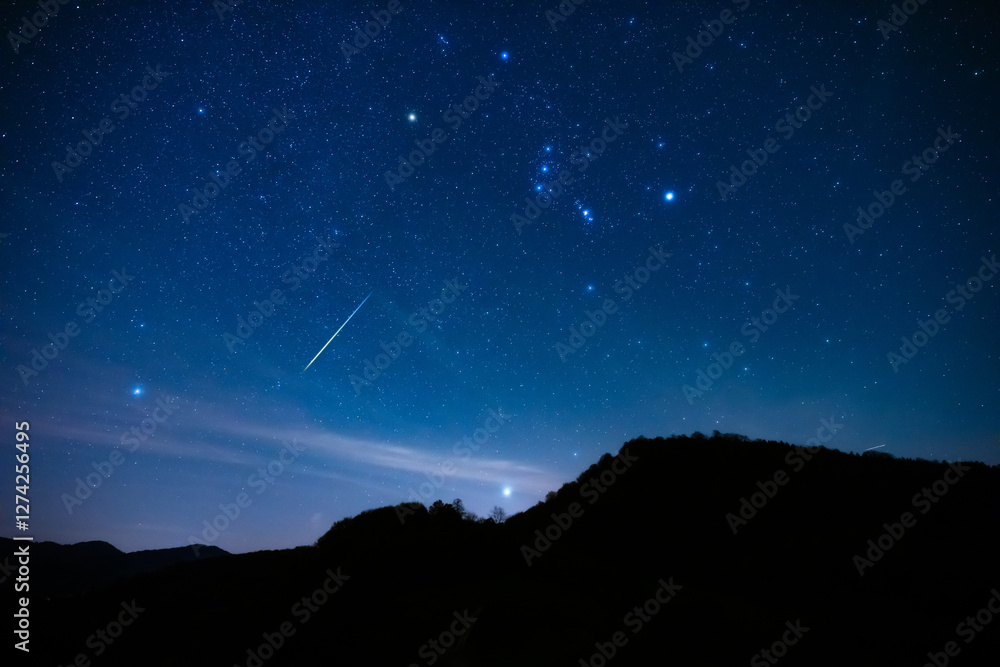 Milky Way stars with Orionids meteor shower trails and countryside tree silhouettes.