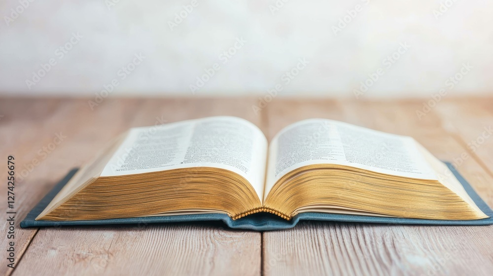 A beautifully open book resting on a wooden table, showcasing its elegant pages and golden edges, inviting readers to explore its content. A beautifully open book resting on a wooden table, showcasing its elegant pages and golden edges, inviting readers to explore its content.
