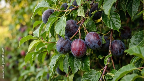 Wallpaper Mural Ripe black plums on lush foliage transitioning from green to purple under the summer sun Torontodigital.ca
