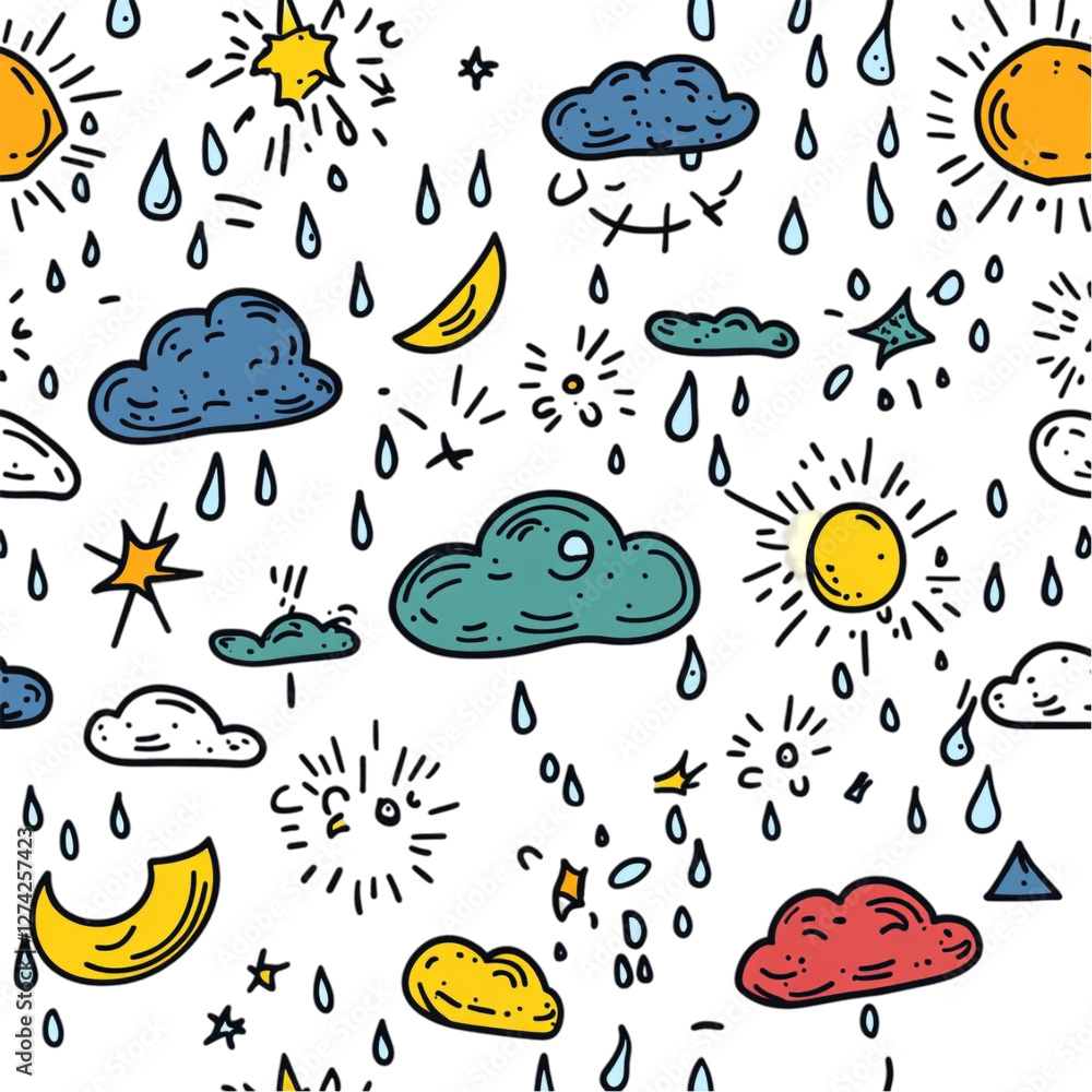 Cheerful weather pattern whimsical clouds sun moon rain delightful Cheerful weather pattern whimsical clouds sun moon rain delightful