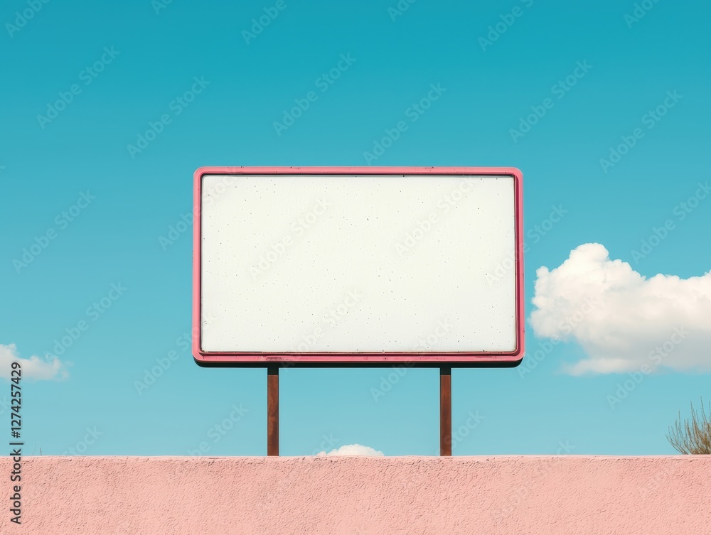 Fototapeta premium A blank billboard stands against a blue sky with fluffy clouds, offering a clean canvas for advertisements or messages.