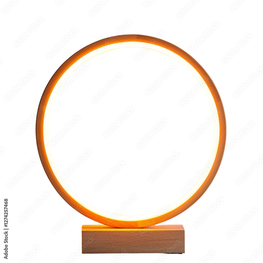 Modern circular lamp with warm light and wooden base, perfect for home decor. This stylish lamp adds cozy ambiance to any room, enhancing overall aesthetic Modern circular lamp with warm light and wooden base, perfect for home decor. This stylish lamp adds cozy ambiance to any room, enhancing overall aesthetic