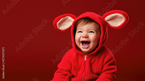 Portrait of a cute smiling baby dressed in a fluffy winter suit with red ears on a monochrome background, copying the space. A happy childhood, a joyful kid. Clothes for children