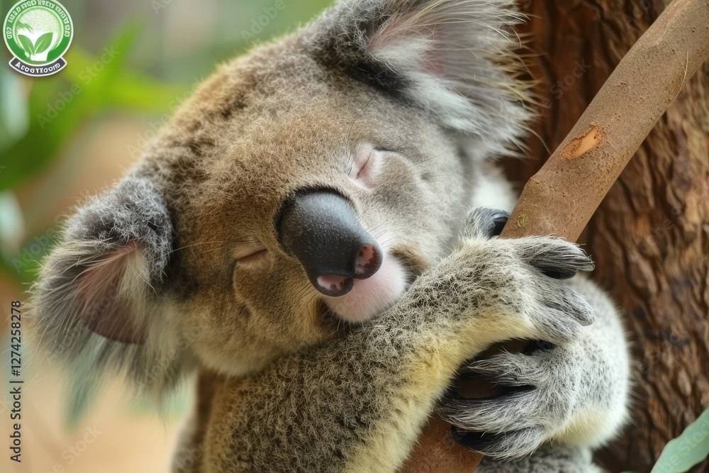 Obraz premium Koala peacefully sleeping while hugging a tree branch in a lush environment surrounded by green foliage