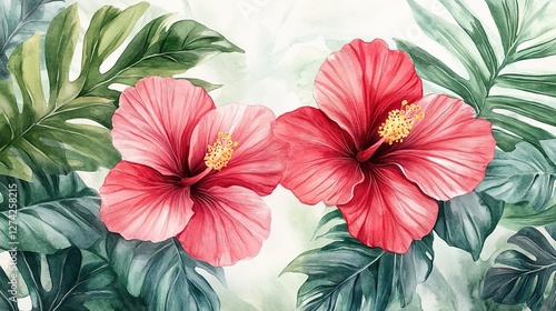 Wallpaper Mural Watercolor depiction of tropical hibiscus flowers  Torontodigital.ca
