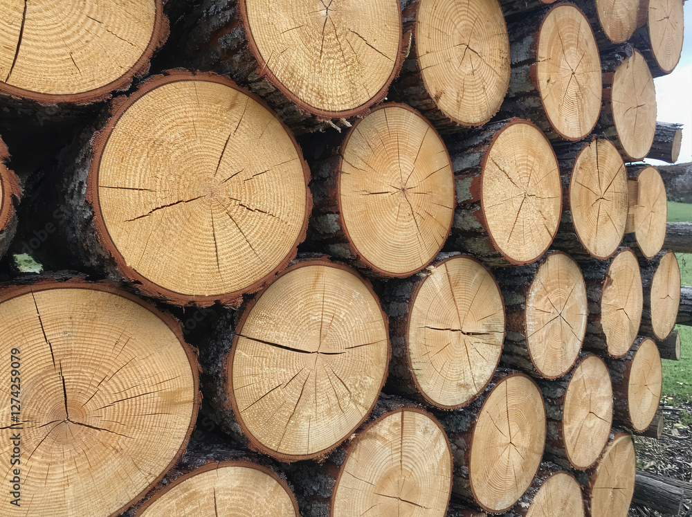 Stacked pine logs showing natural rings and texture in a woodpile Stacked pine logs showing natural rings and texture in a woodpile