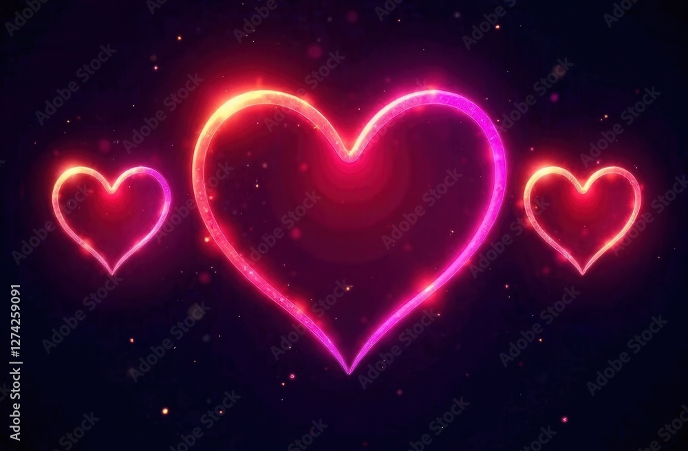 Glowing neon hearts on dark background with sparkling effects Glowing neon hearts on dark background with sparkling effects