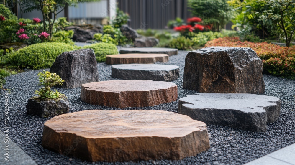 Obraz premium Serene garden pathway featuring wooden stepping stones amidst lush greenery and vibrant flowers