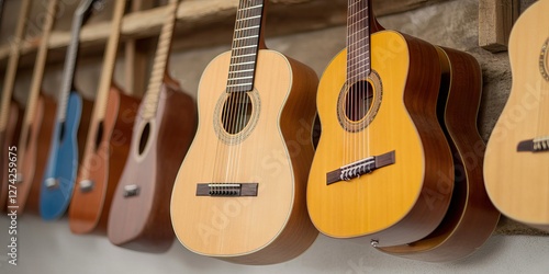 Acoustic Guitars Hanging on Wooden Wall