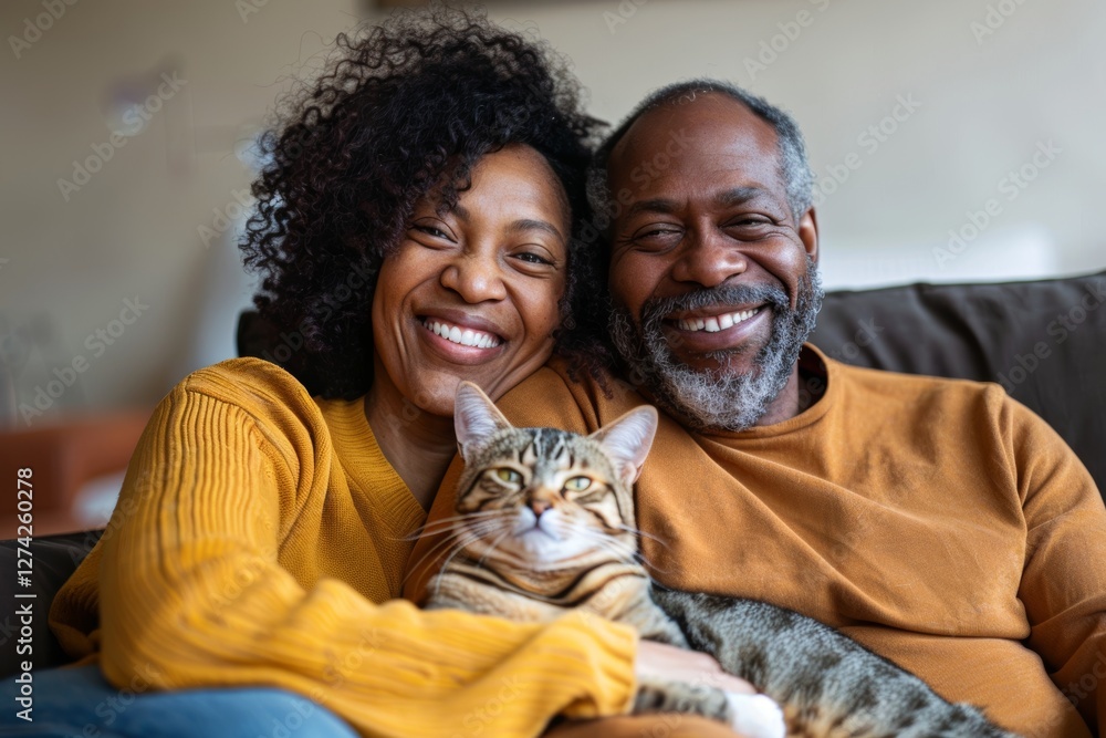 Portrait of a smiling multicultural couple in their 40s relaxing with their cat on the sofa Portrait of a smiling multicultural couple in their 40s relaxing with their cat on the sofa
