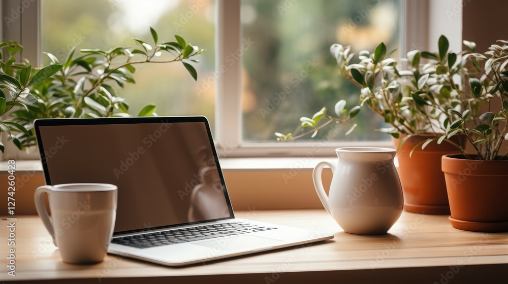 Laptop and Coffee Mug on Desk Surrounded by Indoor Plants Laptop and Coffee Mug on Desk Surrounded by Indoor Plants