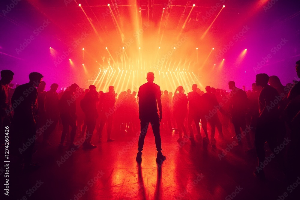 Fototapeta premium Crowd at an event with stage lights, silhouette of performer in foreground.