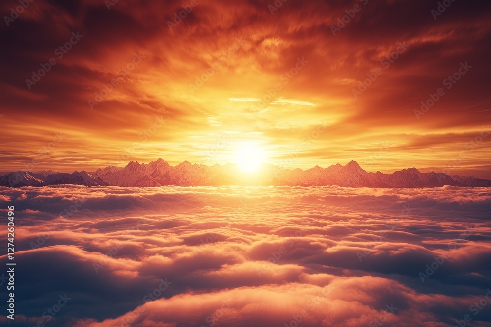 Fototapeta premium Alpine Sunset: Mountains pierce a sea of clouds bathed in warm light at sunset.