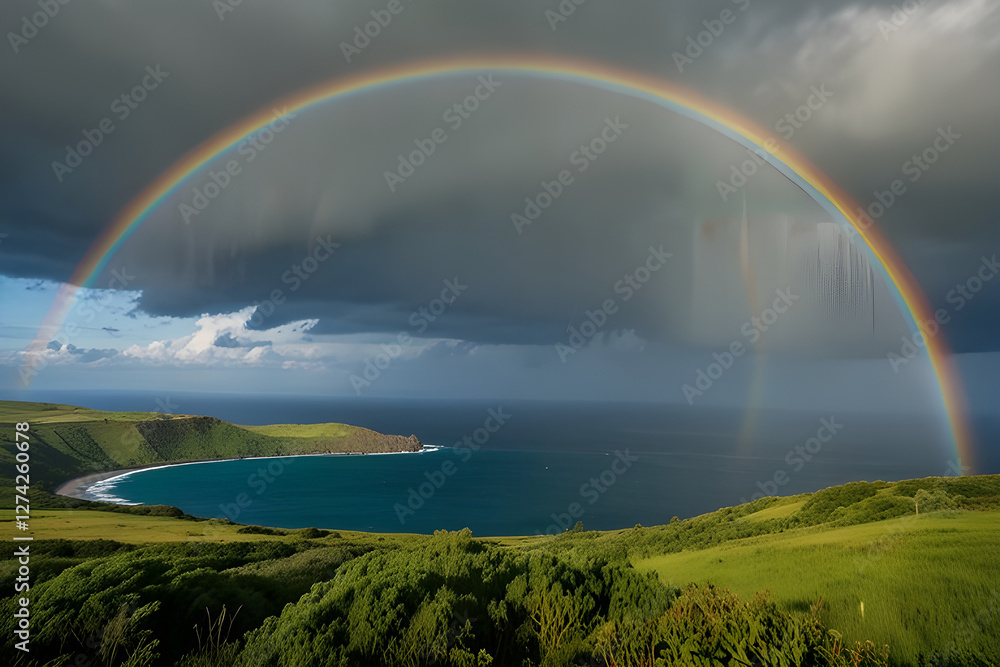 Naklejka premium A vibrant rainbow arches over a lush green valley, with the deep blue ocean stretching in the background under a cloudy sky.