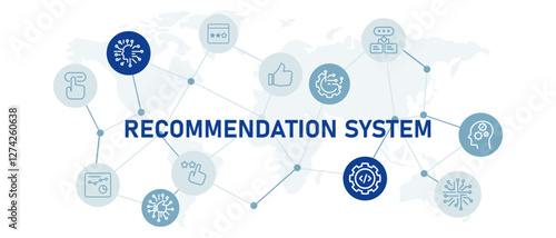 Recommendation system icon set with illustration machine engine review recommend technology analysis rating programming AI artificial intelligence design