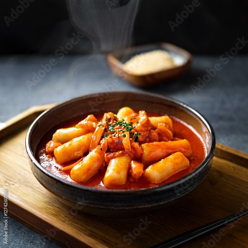 Authentic Korean Tteokbokki in Spicy Gochujang Sauce – Chewy Rice Cakes in Rich, Deep-Red Chili Paste, Served Hot in Rustic Ceramic Bowl – Traditional Korean Street Food, Perfect for Comfort Flavor photo