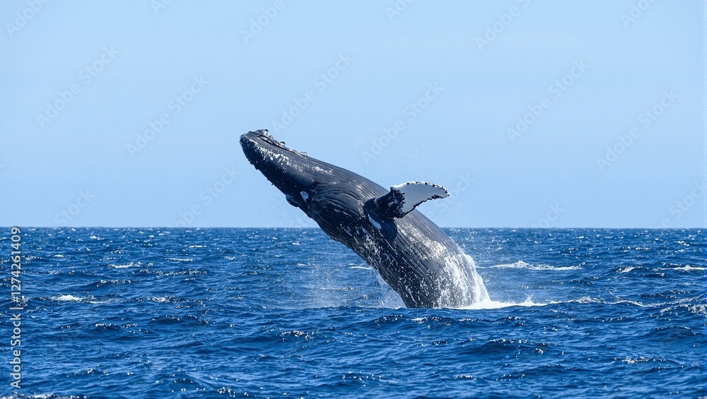 Fototapeta premium Dramatic humpback whale breaching ocean surface with sunlight reflections