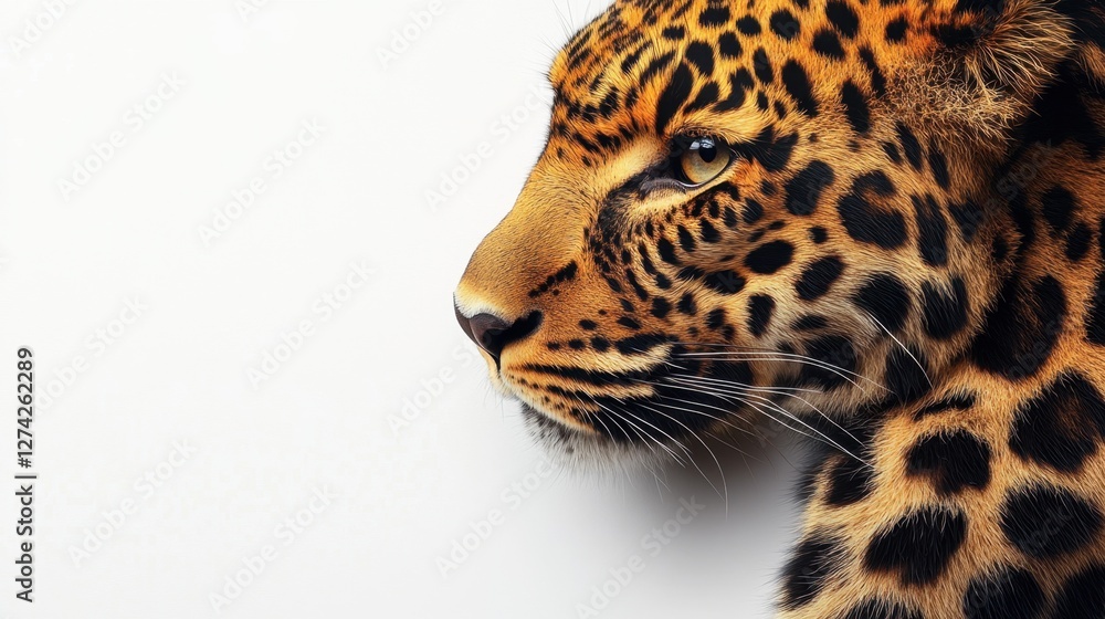Obraz premium Close up view of a leopard head on a white wall with detailed fur texture and features