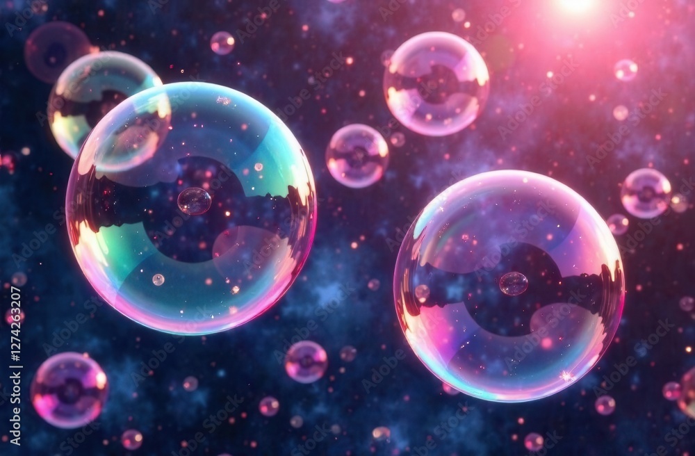 Colorful floating soap bubbles in a cosmic space scene with light flares Colorful floating soap bubbles in a cosmic space scene with light flares