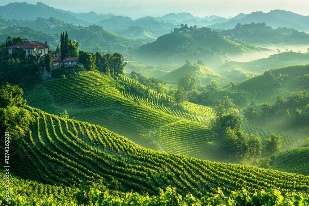 Fototapeta premium Vast green tea plantation in rolling hills under soft sunlight