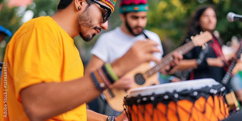 Fototapeta premium Man Playing Djembe Drum with Acoustic Guitarists in Background