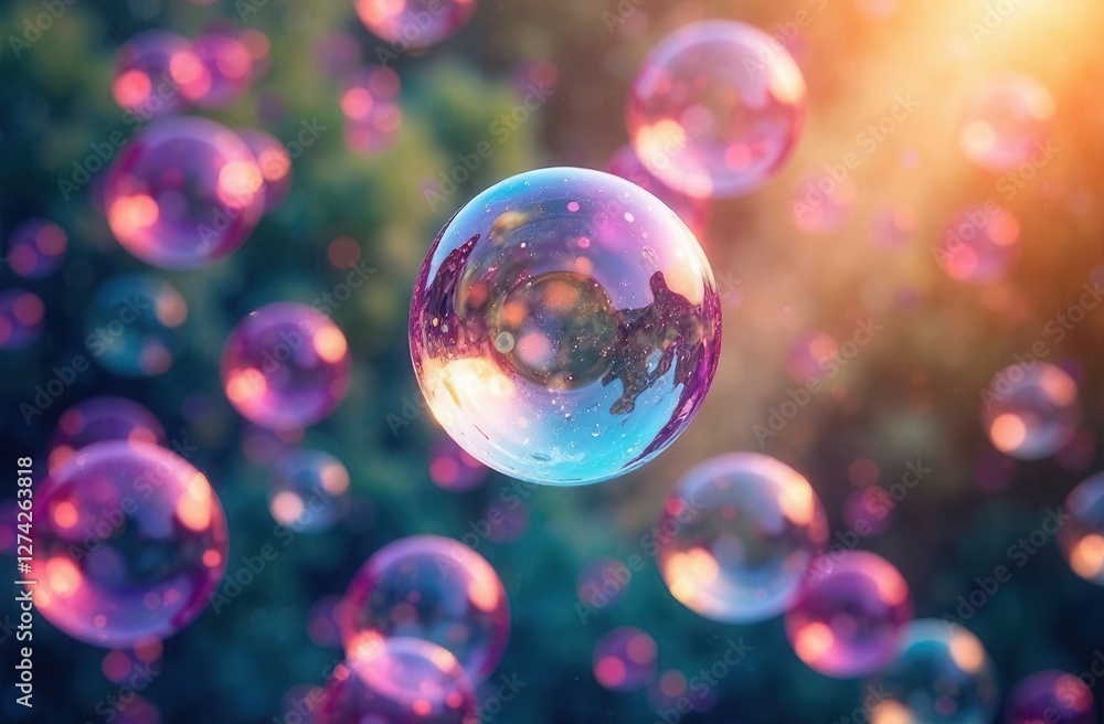 Colorful soap bubbles floating in sunlit nature scene Colorful soap bubbles floating in sunlit nature scene