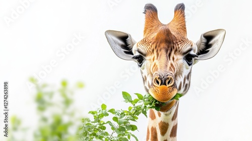 Giraffe eating leaf from tree in natural habitat during daylight hours photo