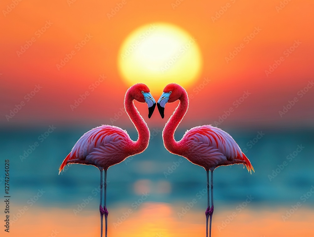 Fototapeta premium Flamingos display affection at sunset beach nature photography serene atmosphere close-up view love concept