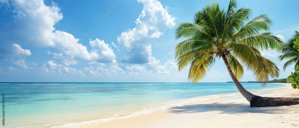 Fototapeta premium serene tropical beach with palm tree, clear blue water, and fluffy clouds. scene evokes relaxation and tranquility, perfect for getaway