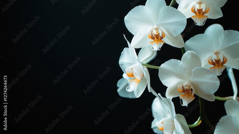 Obraz premium Elegant White Phalaenopsis Orchids Blooming Close up on Black Background